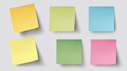 Multiple light-colored sticky notes arranged on a white surface
