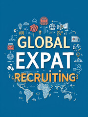 Naklejka premium Global expat recruiting word concepts banner. Hiring employees abroad. Infographics with linear icons on blue background. Isolated creative typography. Vector outline color illustration with text