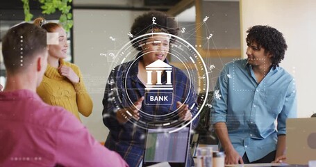 Lead presenting digital bank interface generating hologram spinning currency symbols for discussion - Powered by Adobe