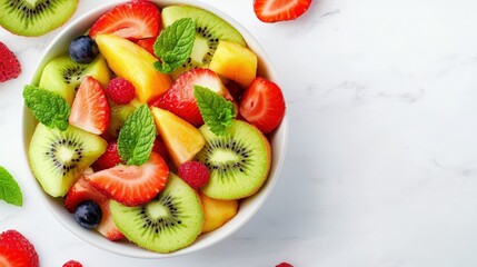 A vibrant bowl of fresh fruit salad on a white marble table, soft daylight lighting, balanced composition with ample copy space for text