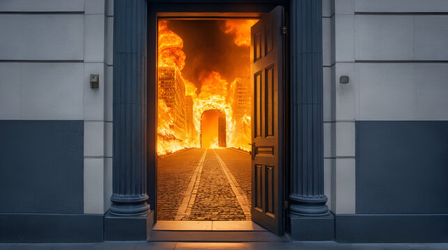 Door leading to a burning city