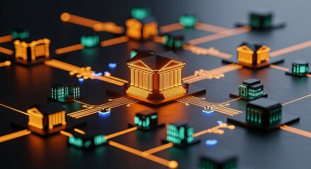 Digital network connecting abstract buildings with glowing lines