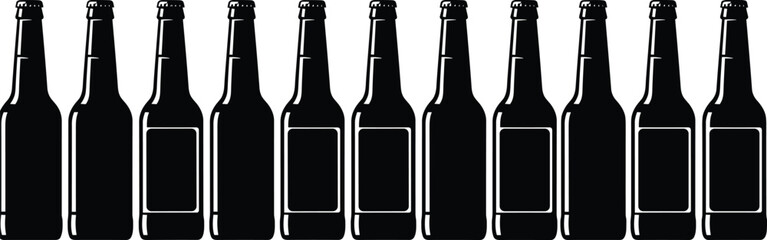 Beer bottle vector set, identical dark bottles in row, product design template, beverage packaging, alcohol inventory illustration
