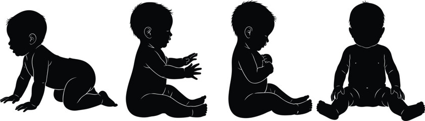 Baby silhouette set showing seated and crawling positions, capturing infant posture, movement stages, and early childhood development vector concept