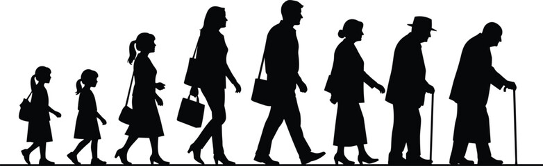 Human life stages silhouette from childhood to old age, walking figures showing aging progression, family generations, and social development concept