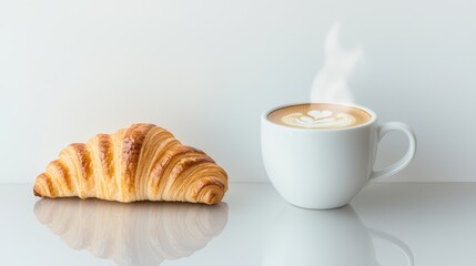A steaming cup of coffee next to a croissant on a reflective surface, minimalist design, ample copy space