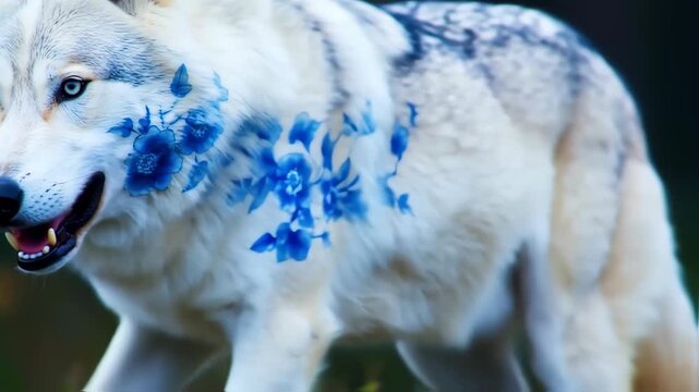 White wolf adorned with blue floral design