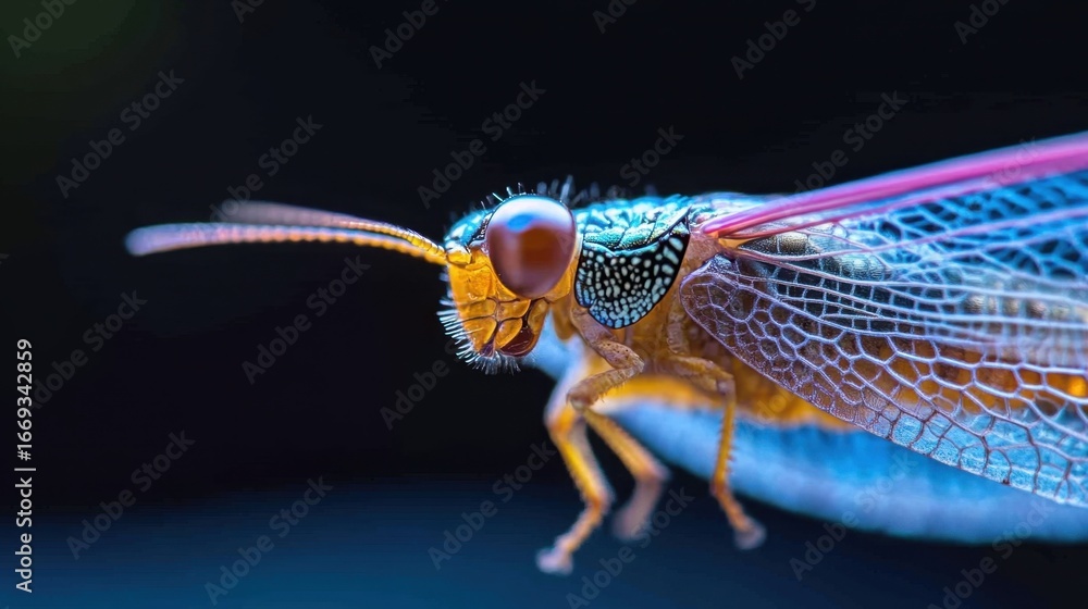 Poster intricate leafhopper in macro, antennae and delicate wing membranes highlighted with fine lighting