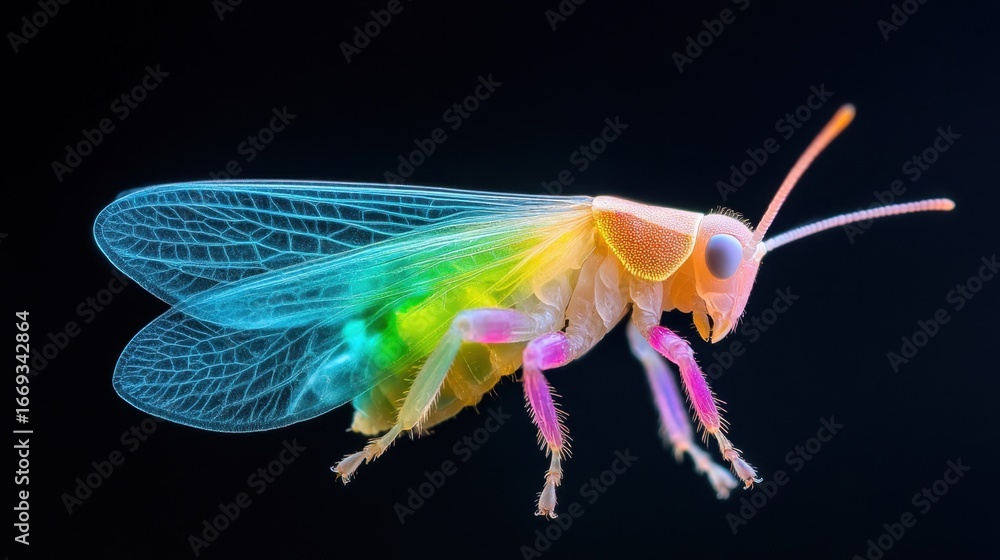 Poster intricate leafhopper in macro, antennae and delicate wing membranes highlighted with fine lighting