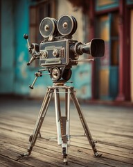 An antique  camera sits on a wooden platform, showcasing vintage details and a captivating aesthetic.