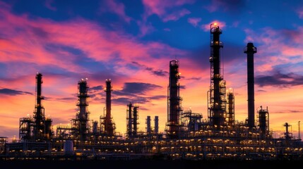Oil refinery complex at sunset silhouette