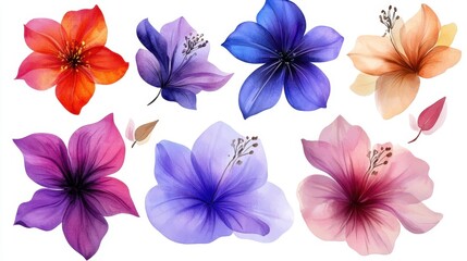 Obraz premium Isolated tropical watercolor flowers set, artistic bright floral elements for design use