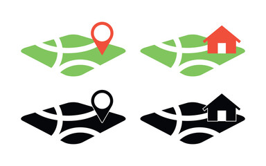 Property Location Icon Set with Map, Home Symbol and GPS Pin Marker for Real Estate, Navigation, Housing Search and Travel Direction Vector Illustration