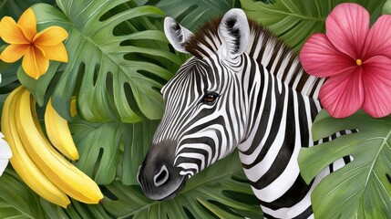Jungle-inspired watercolor featuring zebra and exotic blooms framed by banana and monstera leaves