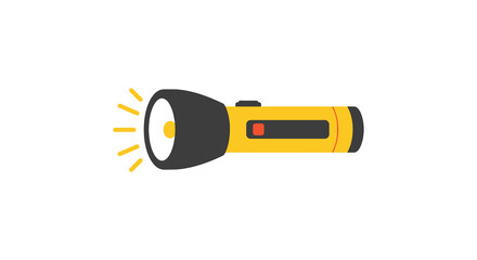 A yellow and black flashlight with a red button and light rays
