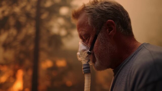 Closeup medium shot of COPD patient exhaling into spirometer blurred wildfire smoke outside highlighting telehealth respiratory care under wildfire pollution.