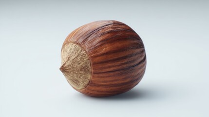 Brown hazelnut close-up, ribbed texture, light background, neutral tone
