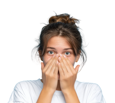 Surprised young woman covering face portrait isolated on transparent background