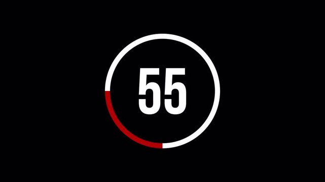 60 Second Countdown Animation from 60 to 0 on a Transparent Background. Countdown Animation with Rotating Red and White Line Circle. HUD Countdown 4K Video. Modern Circular Timer from 60 to 0 Seconds