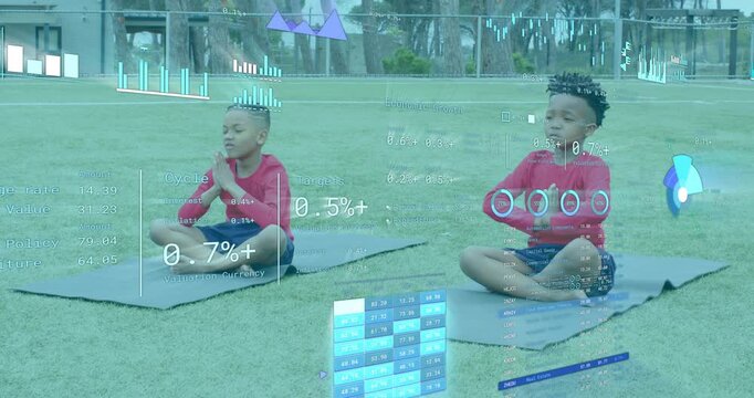 Two boys arriving and sitting on yoga mats in park, performing mindful yoga flow for calm