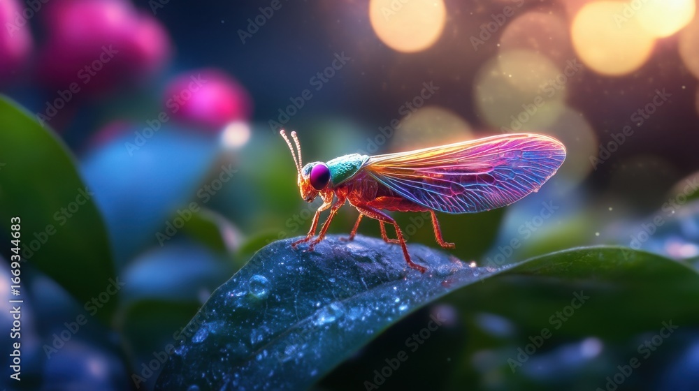 Poster leafhopper with shimmering body and semi-transparent wings captured in precise macro against soft fo