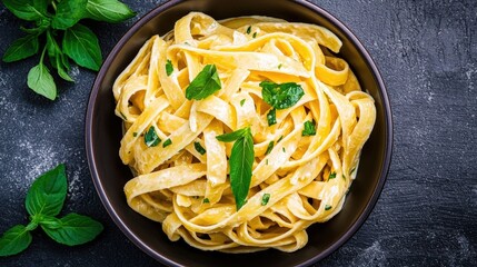 A bowl of creamy pasta garnished with herbs, elegant styling, commercial appeal
