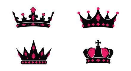 Collection of four different royal crowns with pink and black details