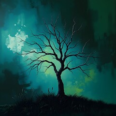 A stark, leafless tree stands silhouetted against a dark, moody teal and green sky with a grassy foreground, creating a mysterious and somber atmosphere.