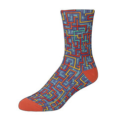 Colorful maze patterned sock with orange heel and toe, isolated isolated on white background