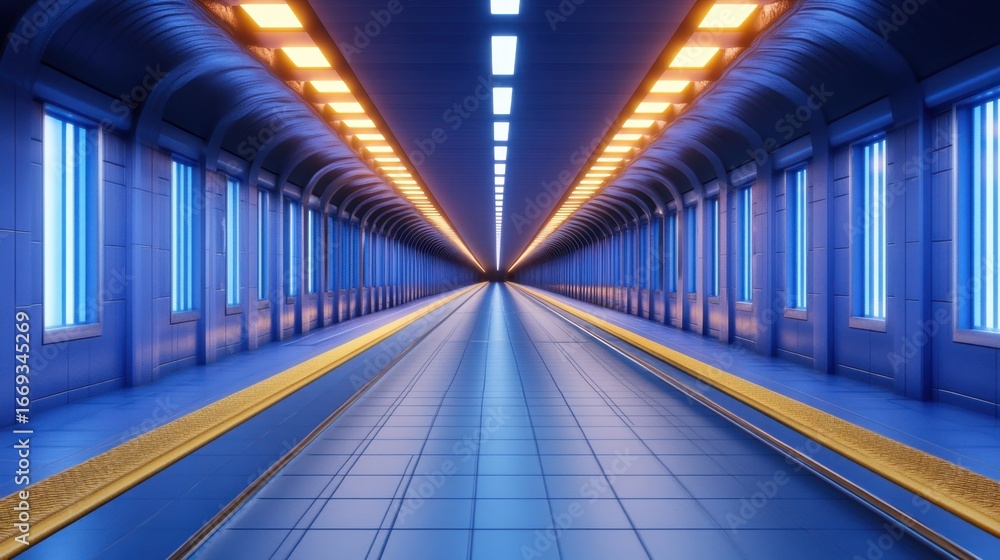 Poster linear perspective of empty train tunnel, light barely visible at the far end, evoking mystery and d