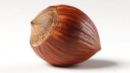 A single, whole hazelnut rests, showing texture, stripes, and tan coloring