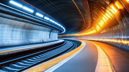 Linear perspective of empty train tunnel, light barely visible at the far end, evoking mystery and depth