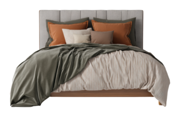Modern bedroom interior cozy top view of stylish bedding setup isolated on transparent background
