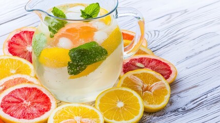 A pitcher of lemonade surrounded by slices of citrus fruits, refreshing summer vibe