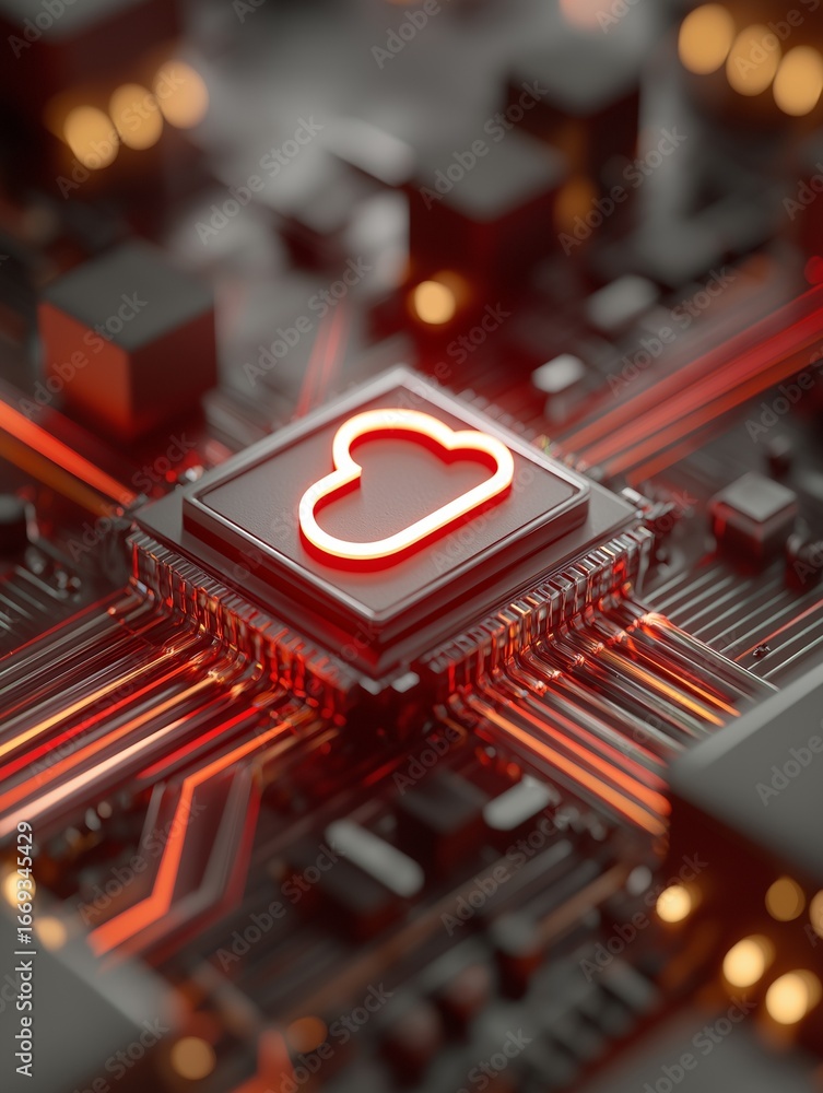 Aufkleber a close-up view of a circuit board featuring a glowing cloud icon, symbolizing cloud computing techn