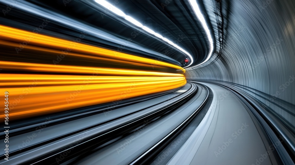 Poster linear perspective of empty train tunnel, light barely visible at the far end, evoking mystery and d