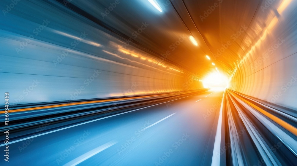 Poster linear perspective of empty train tunnel, light barely visible at the far end, evoking mystery and d