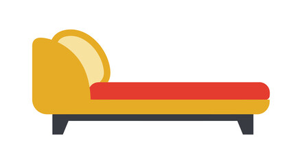 A yellow chaise lounge with red cushion and black legs
