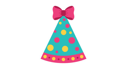 A colorful party hat with a pink bow on top is shown here