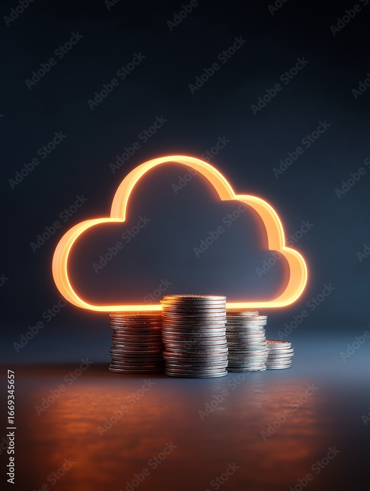 Poster a glowing cloud symbol above stacks of coins, representing digital currency or cloud computing and f