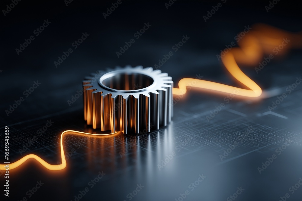 Poster a metallic gear with an illuminated line traces its movement, symbolizing technology and engineering