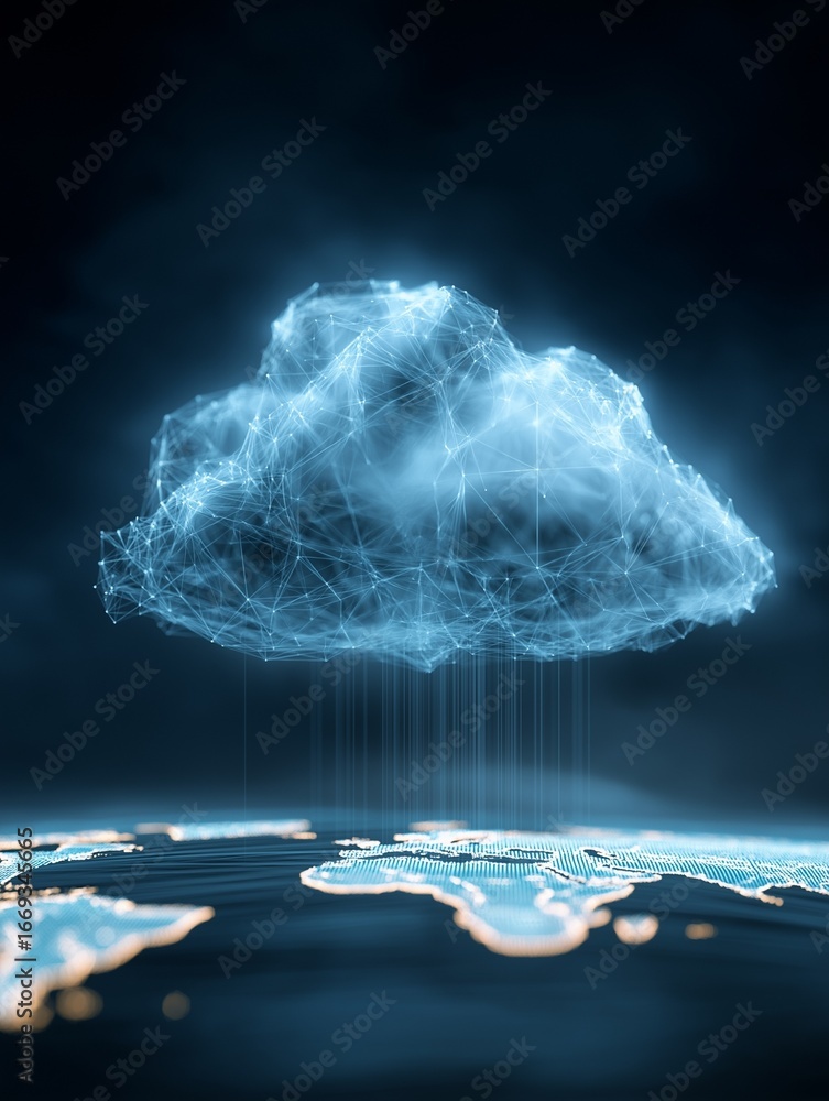 Poster a digital cloud representing technology with interconnected lines, hovering above a globe, symbolizi
