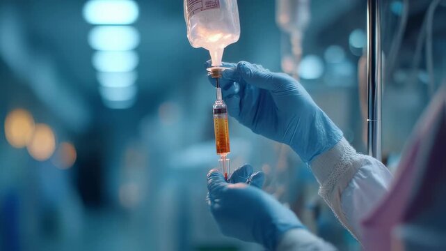 Clinical medium shot showing nurse setting up a lipidnanoparticle IV bag for CRISPR therapy focused hands contrast with softly blurred medical workspace.