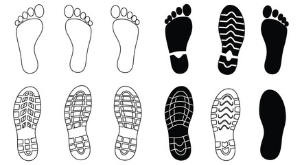 A collection of various footprints and sole designs in black and white