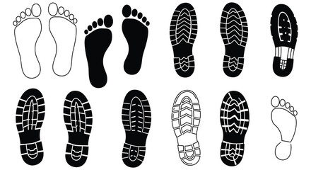 Collection of various footprints and shoe prints in black and white