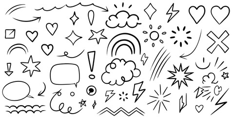 Collection of Hand Drawn Doodle Elements and Symbols on White Background arrows