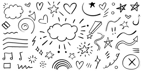 Assorted Hand Drawn Doodle Icons and Symbols on White Background stars