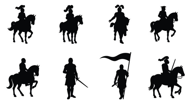 Silhouettes of medieval knights on horseback and walking with swords and flags