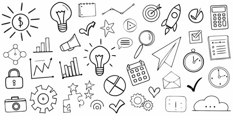 Collection of hand drawn business and finance doodle icons on white background dollar