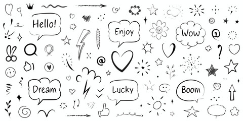 Black and White Hand Drawn Doodle Elements with Speech Bubbles and Symbols © Ankan